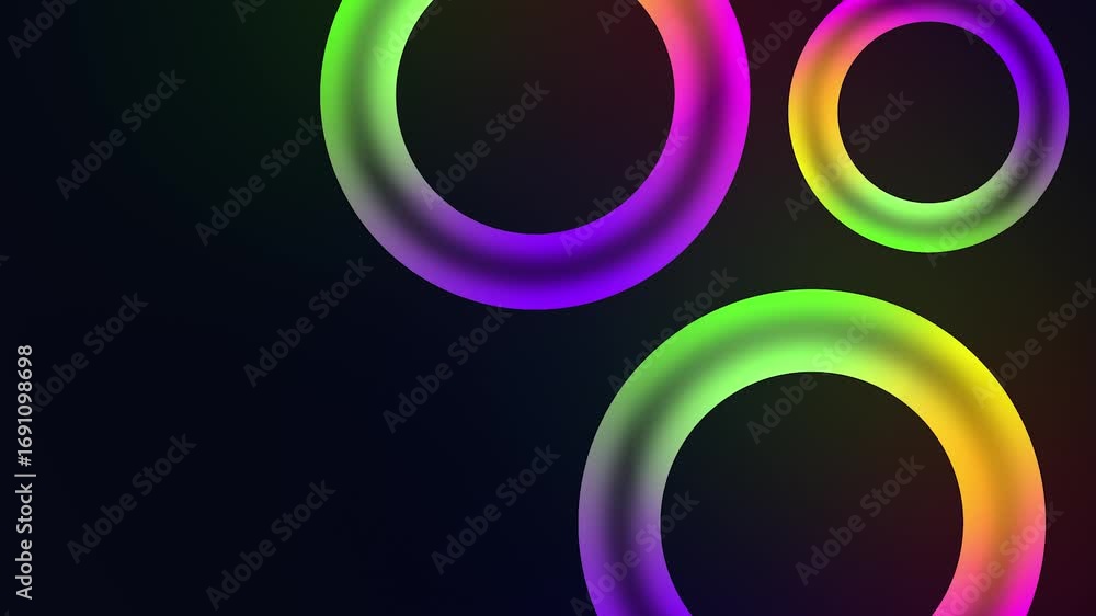 Poster abstract neon background with colorful floating circles, vibrant led lights, seamless 3d loop animat