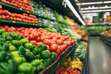 Obraz premium Produce Display of Green Peppers and Tomatoes in Grocery Store