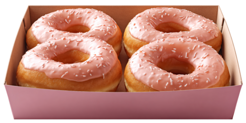 Four pink frosted donuts with sprinkles in a pink box, delicious sweet treat for breakfast or dessert, perfect for celebrating a special occasion
