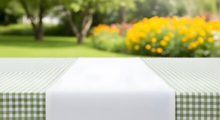 White tablecloth on green checkered table in a garden.