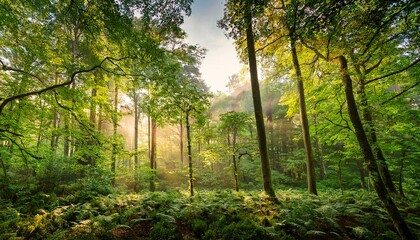 Obraz premium lush green forest canopy reveals nature s vibrant palette in the early afternoon sunlight