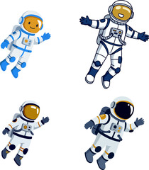 Vector set of diverse cartoon astronauts in spacesuits exploring outer space. Fun characters for science and adventure themes