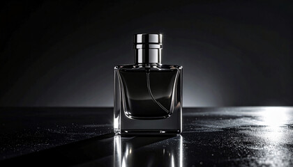 Elegant dark bottle of cologne reflecting light with subtle water droplets and a sophisticated, minimalist background, exuding luxury and allure in a high-definition studio shot