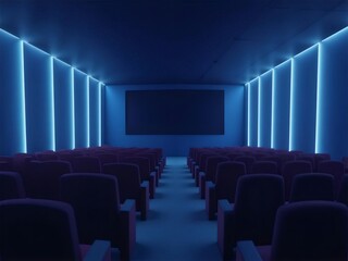 Fototapeta premium Blue Lit Empty Movie Theater with Rows of Red Seats and Starry Sky on the Screen