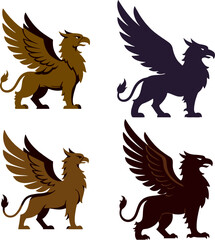 Collection of stylized griffin figures in heraldic poses, representing ancient mythology, strength, and fantasy