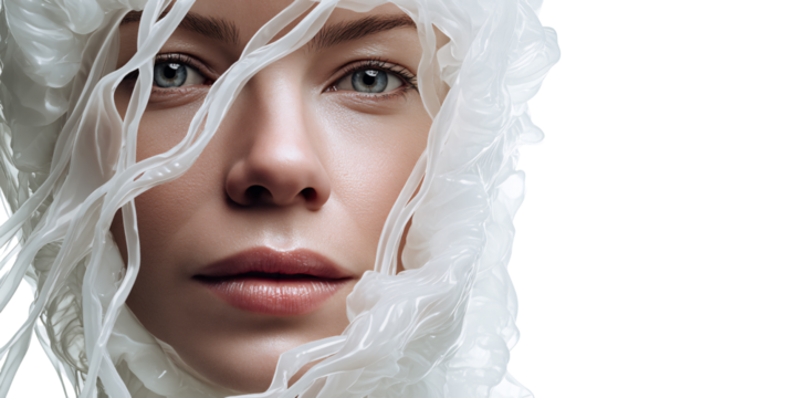 Caucasian woman portrait with plastic wrap around her head, conceptualizing environmental awareness and pollution issues in a studio shot