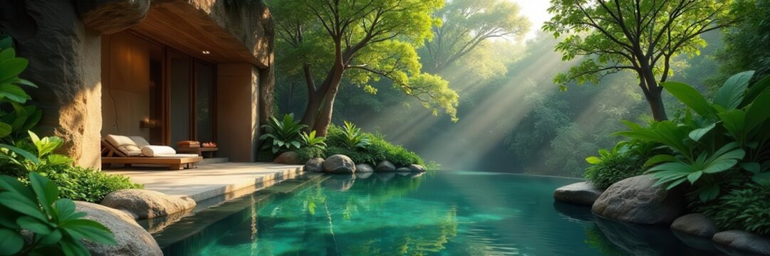 A serene image of a spa surrounded by lush greenery, perfect for relaxation and rejuvenation , retreat, holistic