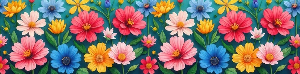 A vibrant and colorful spring flowers pattern perfect for backgrounds, textiles, and invitations , illustration, seasonal