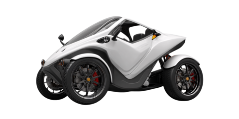 Sleek white threewheeled vehicle, a modern autocycle with open cockpit design, showcasing innovative automotive engineering and unique transportation