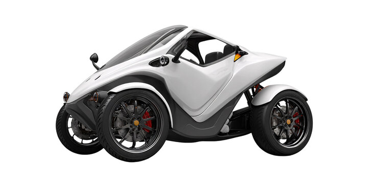 Sleek white threewheeled vehicle, a modern autocycle with open cockpit design, showcasing innovative automotive engineering and unique transportation