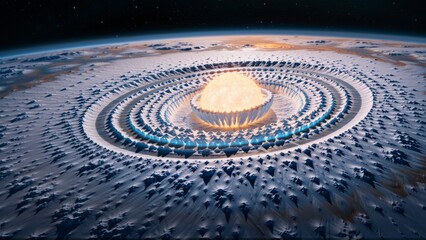 digital illustration planet circular structure center structure appears multiple layers blue white lines form spiral like pattern lines arranged way creates sense depth dimension center structure