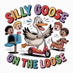 Naklejka premium A playful illustration of a goose on a scooter, surrounded by surprised kids and a dog, with vibrant colors and fun text.