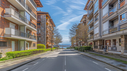 Obraz premium Residential coastal street with apartment buildings, balconies, asphalt road and sea view in the background, realistic stock photo for real estate and housing use in southern Europe. 