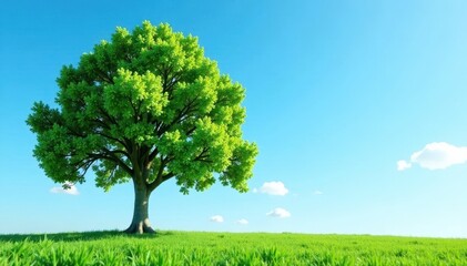 Obraz premium Single green tree against blue sky, symbolizes environmental protection , design, growth