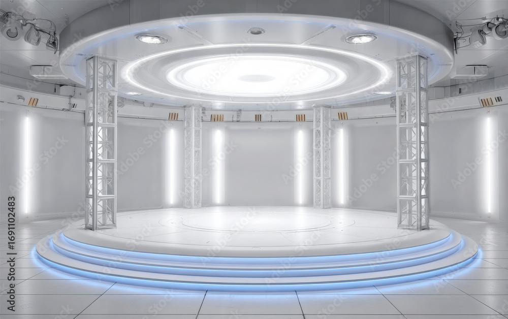 Poster modern and bright empty studio with circular stage and led lights