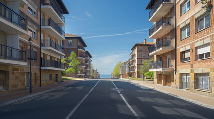 Obraz premium Residential coastal street with apartment buildings, balconies, asphalt road and sea view in the background, realistic stock photo for real estate and housing use in southern Europe. 