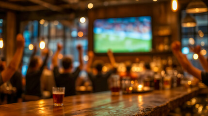 Blurred background image of a group of people gathered in a pub or bar, watching a soccer game on television. The atmosphere is lively and energetic, with everyone cheering and celebrating the game.