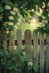 Fototapeta premium 古い木のフェンスと緑の葉と背景のボケ味の白くて細かい花の美しいクローズアップ