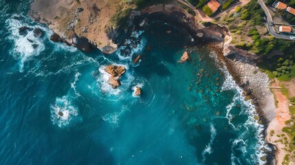 ターコイズ色の海に打ち寄せる波の空撮、海岸線と茶色の岩が太陽光に照らされた美しい風景