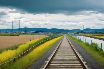 Railroad Tracks Stretching Through Rural Landscape under Cloudy Sky in Countryside