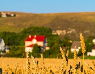 Golden wheat field with a house in the background