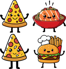 Cheerful collection of kawaii junk food characters. This cute vector set includes pizza, a hamburger with french fries, and a smiling bowl of ramen