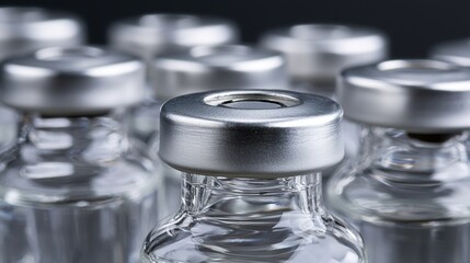 Close-up view of several clear glass vials with silver screw-on lids, arranged in a slightly overlapping pattern against a dark background.