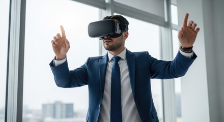 Young caucasian male experiencing virtual reality in office setting with vr headset