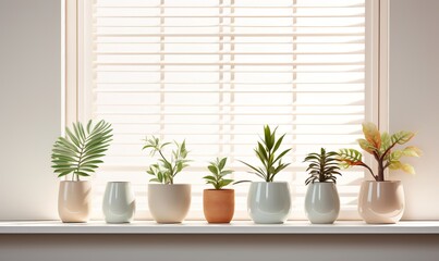 Sunlit Kitchen Window with Geometric Patterned Plant Pots