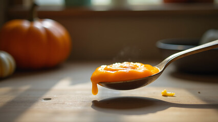solitary spoonful vibrant orange pumpkin soup teeters worn wooden spoon resting cluttered kitchen counter amidst soft natural