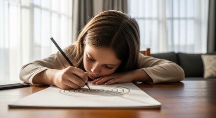 Young caucasian female child drawing with pencil on paper in sunlit room