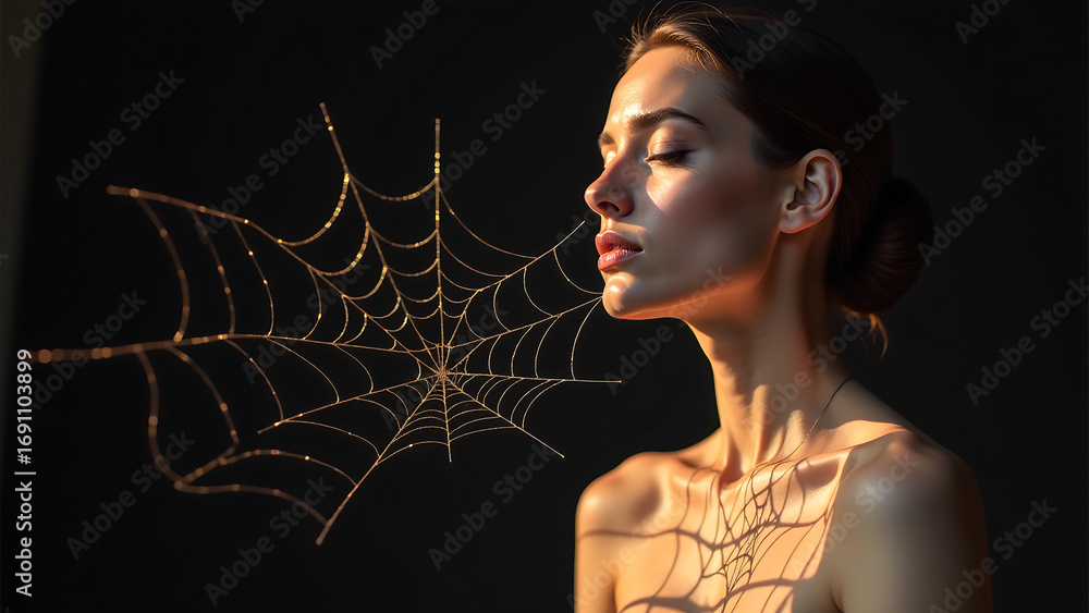 Poster spider cursive script unfurls across dark background illuminated warm golden light casting intricate