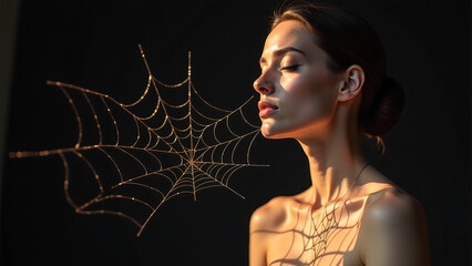 spider cursive script unfurls across dark background illuminated warm golden light casting intricate shadows