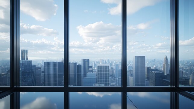 Wide panoramic shot of financial district skyscrapers with carbon credit and green finance digital hologram overlay.