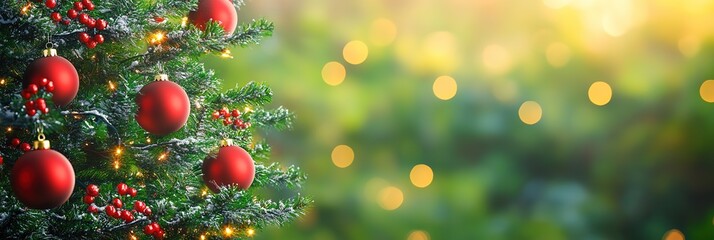 Christmas tree decorated with red baubles and ornaments on blurred green bokeh background, wide format holiday season banner template with ample copy space for text