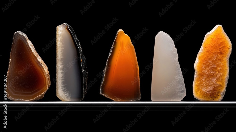 Poster a collection of five unique mineral specimens, each with its own distinct color and texture, arrange