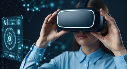 Young caucasian female using virtual reality headset with futuristic interface