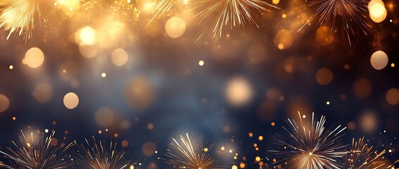 Fototapeta premium New Year background with fireworks and golden lights on blurred dark blue bokeh backdrop, festive celebration or holiday greeting card design banner with copy space for text