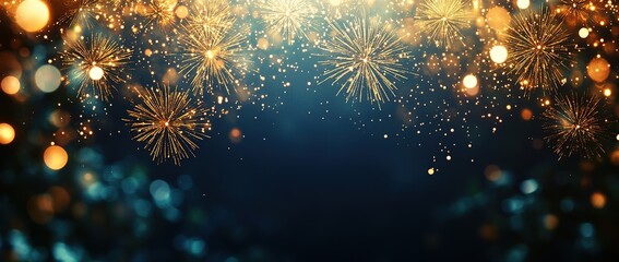 3D rendered New Year background with fireworks and golden lights on dark blue background, space for text, modern digital art for festive celebration design illustration
