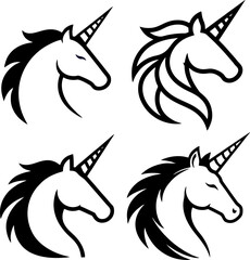 Majestic unicorn head profile collection. Set of four black and white vector graphics for a fantasy emblem, magical tattoo, or brand logo