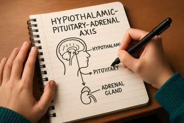 Close up view of hands writing and sketching a detailed diagram of the hypothalamic pituitary adrenal axis in a notebook