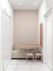 Cozy minimalist corner with a soft beige sofa, wooden wall-mounted table, and stools. A compact, modern space designed for comfort, relaxation, or casual meetings