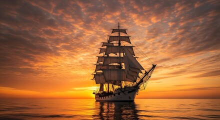 Majestic tall ship sailing peacefully into a breathtaking sunset over the tranquil ocean horizon