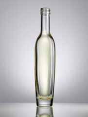 Fototapeta premium A clear, empty glass bottle with a slender neck and a textured, irregular body, standing upright against a soft gradient background