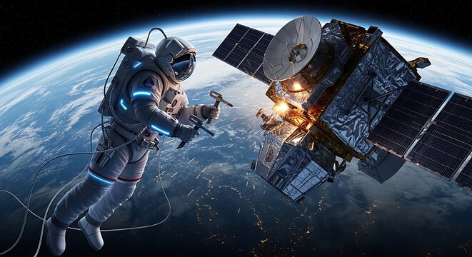 Astronaut Repairing Satellite in Space.