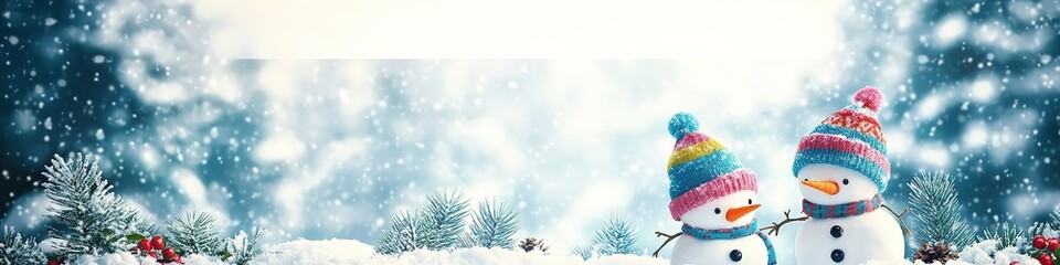 Two cute smiling snowmen in colorful hats scarves standing on snow, looking at each other, endless winter forest background, falling snowflakes, joyful Christmas scene