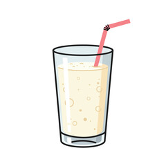 Refreshing vanilla milkshake with straw sits in clear glass on white surface, offering a sweet and creamy treat for a simple pleasure.