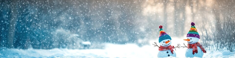 Fototapeta premium Christmas background blue color scheme, snowman and tree with snow falling, snowmen in colorful hats, winter landscape, high resolution detailed photo, sharp focus