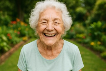 Portrait of a cheerful senior woman with closed eyes enjoying a moment of happiness in a garden