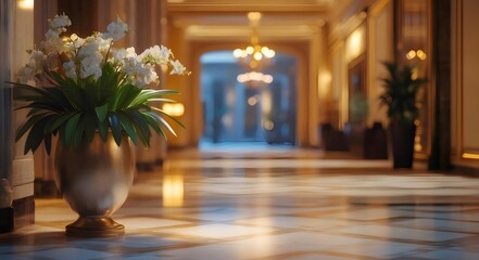 Elegant Hallway with Marble Floor and White Floral Arrangement in Gold Vase
